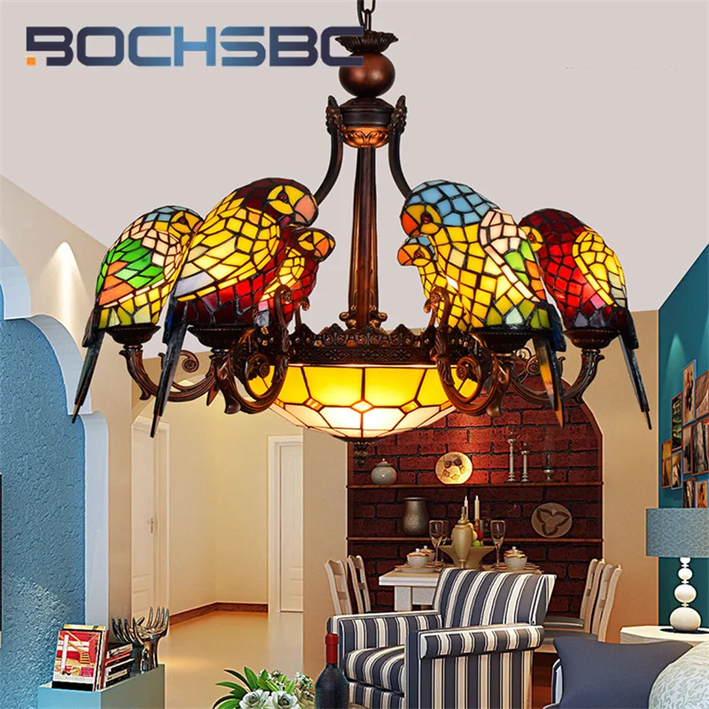 

BOCHSBC Tiffany style stained glass Elegant parrot Bird multi-head Pendant lamp Hotel Villa living room dining hallway LED decor