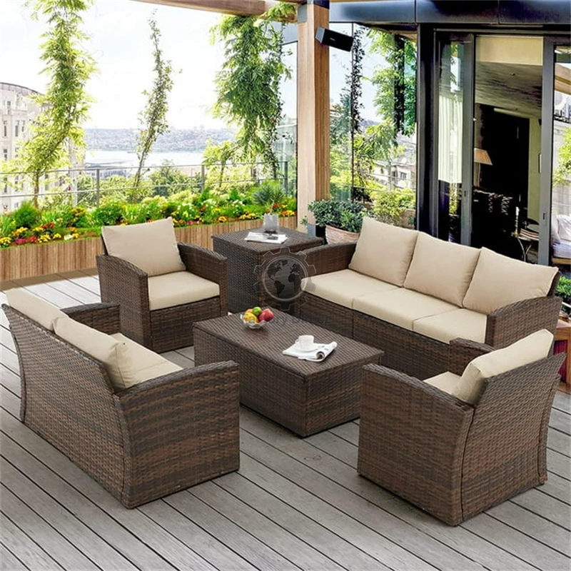 

Custom Easy-to-maintain 7 Pieces Handwoven PE Rattan Wicker Outdoor Furniture Patio Sofa Set