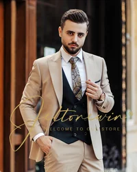 ( Jacket + Vest + Pants ) High-end Brand Boutique Fashion Solid Color Mens Casual Business Suit 3Piece Set Groom Wedding Dress