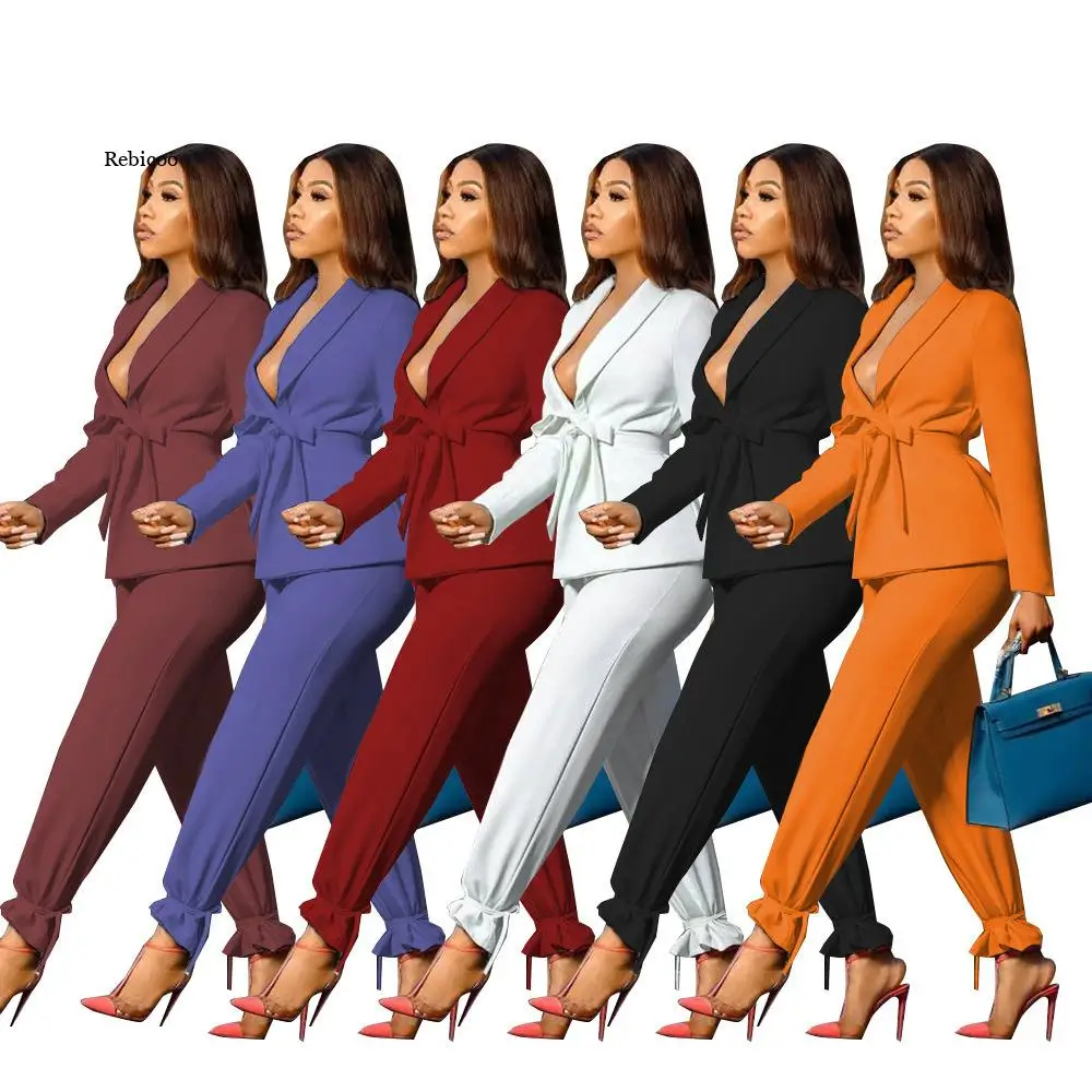 

Women Casual Clothing Sets Long Sleeve Bandage Waist Blazer and Pants Suits Ladies Two Pieces OL Business Blazer Sets