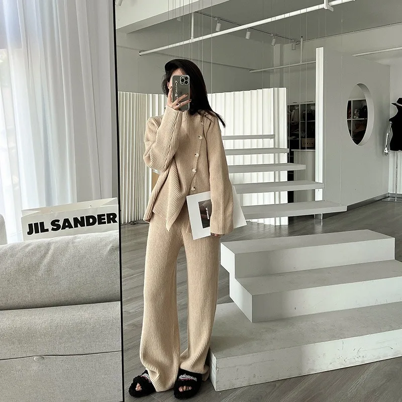 Half High Neck Knitted Jumper Wide Leg Trousers Two-piece Women\'s Autumn and Winter 2024 New Casual Petite Suit