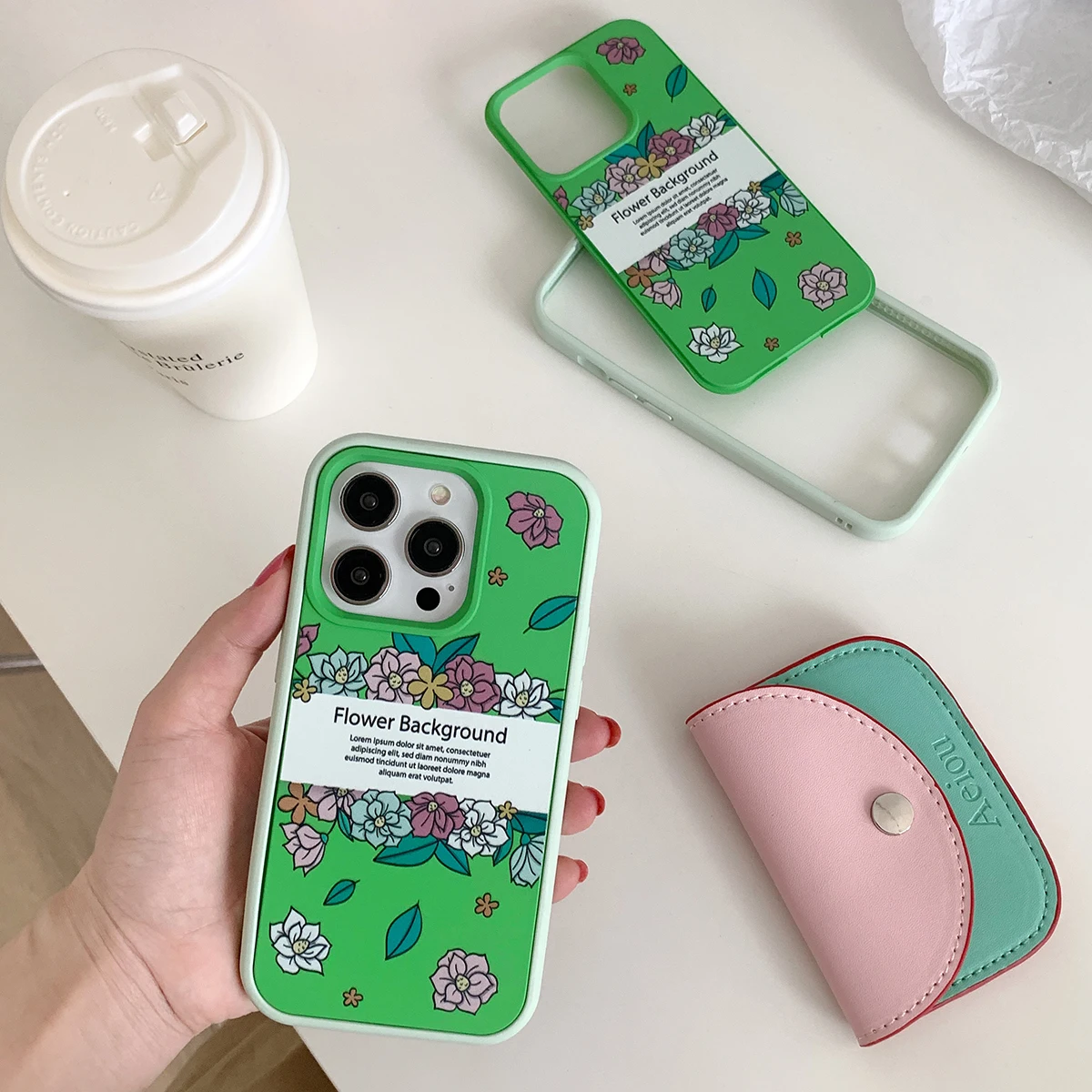 

2-in-1 Removable Border Green Silicone Back Cover For iPhone 14 13 12 11 Pro Max Shockproof Splicing Flower Phone Case For Girls