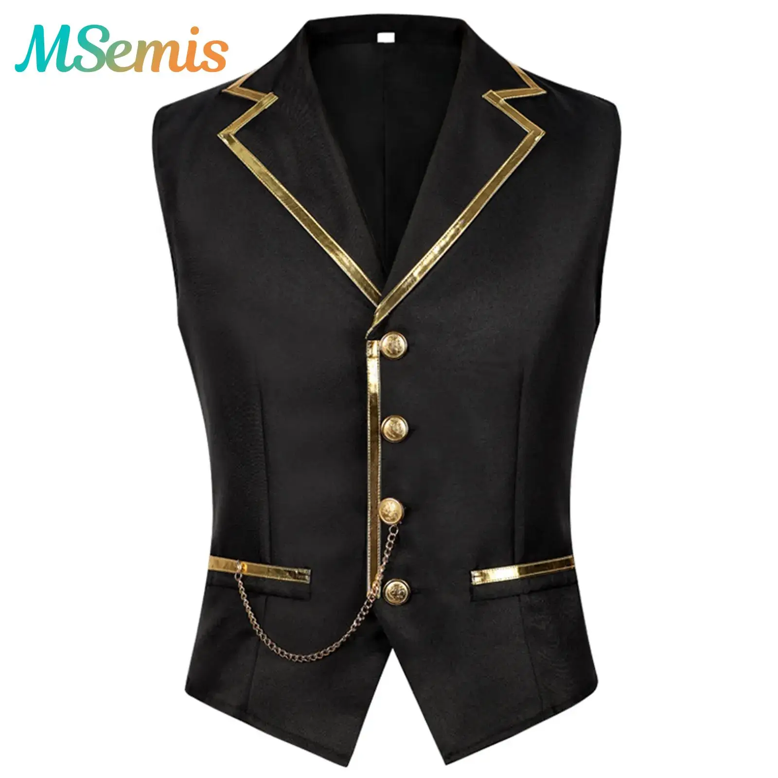 

Mens Steampunk Waistcoat Tops Business Vest Metallic Shiny Trim Chain Decor Front Button-down Gothic Party Gentleman Tank Top