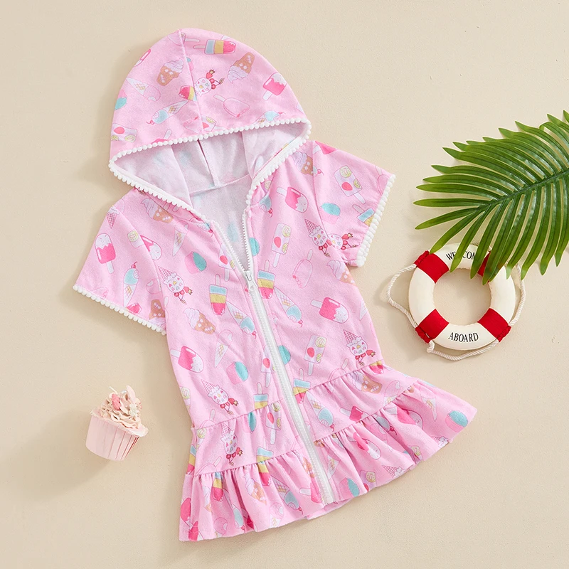 

Toddler Kid Clothes Girls Summer Swimwear Cover Up Children Short Sleeve Ice Cream Print Zipper Hooded Dress Beachwear 1-8Y