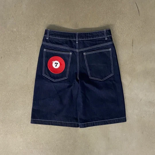 

7 Ball Embroidered Loose Denim Jorts Y2K Fashionable Effortlessly Cool Daily Wear Shorts High Street Men Harajuku Casual Shorts