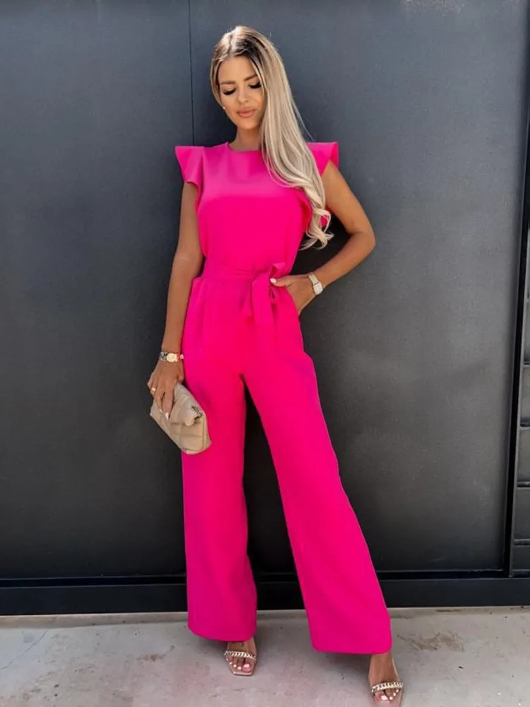 2024 Summer Solid Color Jumpsuit Women Butterfly Sleeve Wide Leg Jumpsuits Elegant Romper Vintage Streetwear Overalls Bodysuits