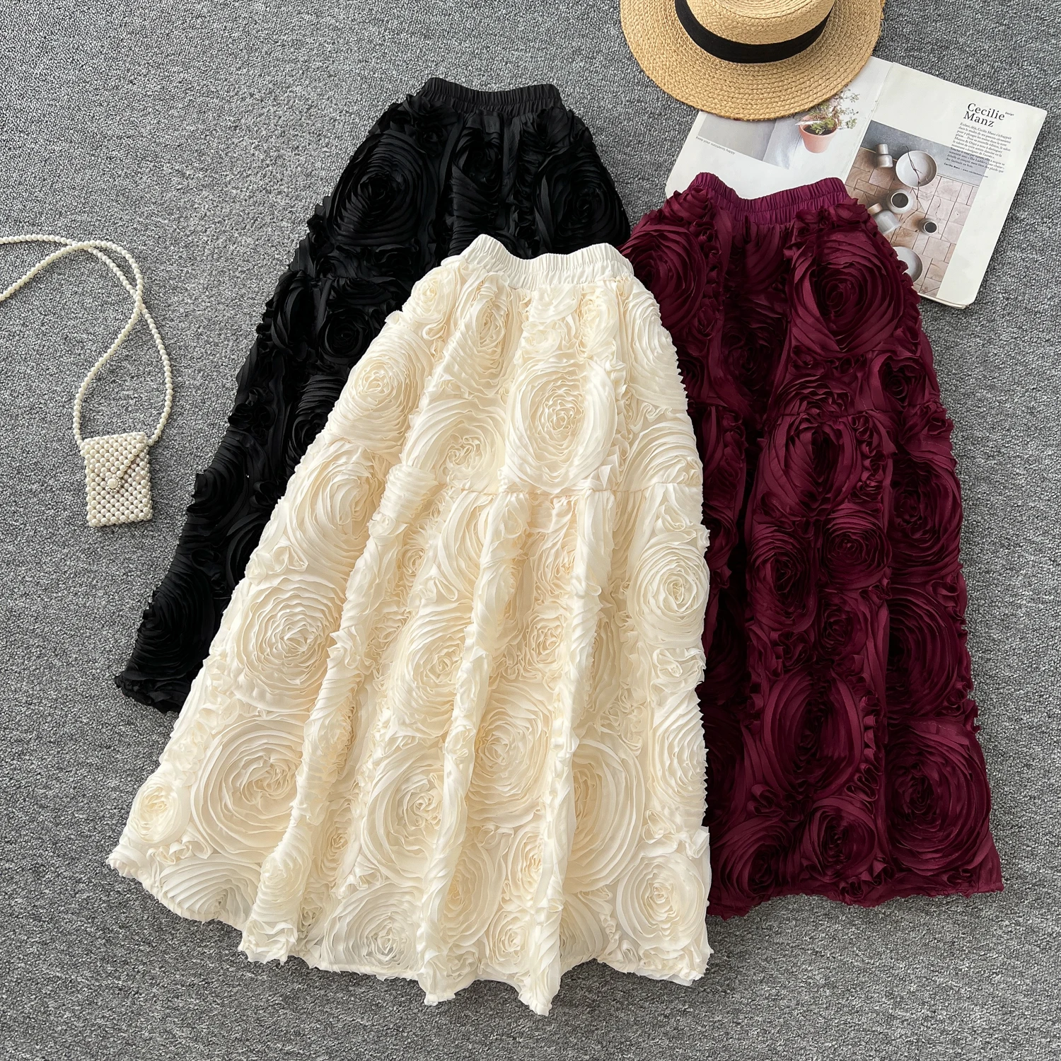 Nomikuma Chic Three Dimensional Flower Skirts for Women Spring High Waist Causal A-line Mid Length Skirt