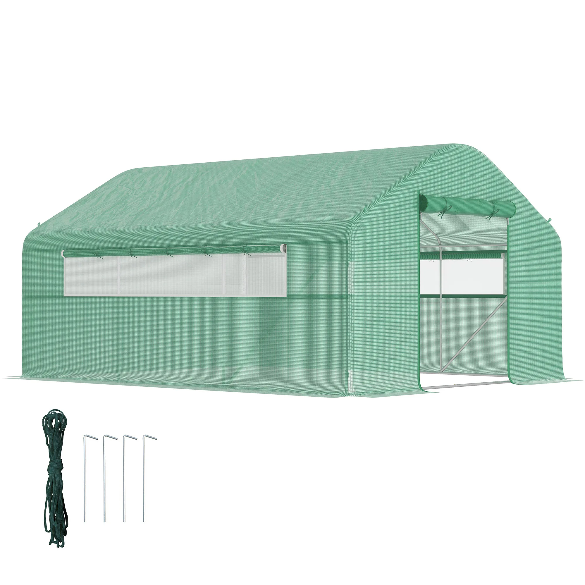 Outsunny Serre de jardin 12 m², serre tunnel de jardin 4 x 3 x 2 m avec portes enroulables et grandes fenêtres en maille, serre en acier galvanisé et PE haute densité 140 g/m² résistante aux UV, vert