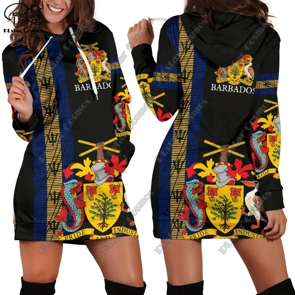 

PLstar Cosmos 3D Printed Barbados Coat of Arms Flag Colorful Pattern Women's Hooded Long Sleeve Dress Harajuku Street Unique B-2