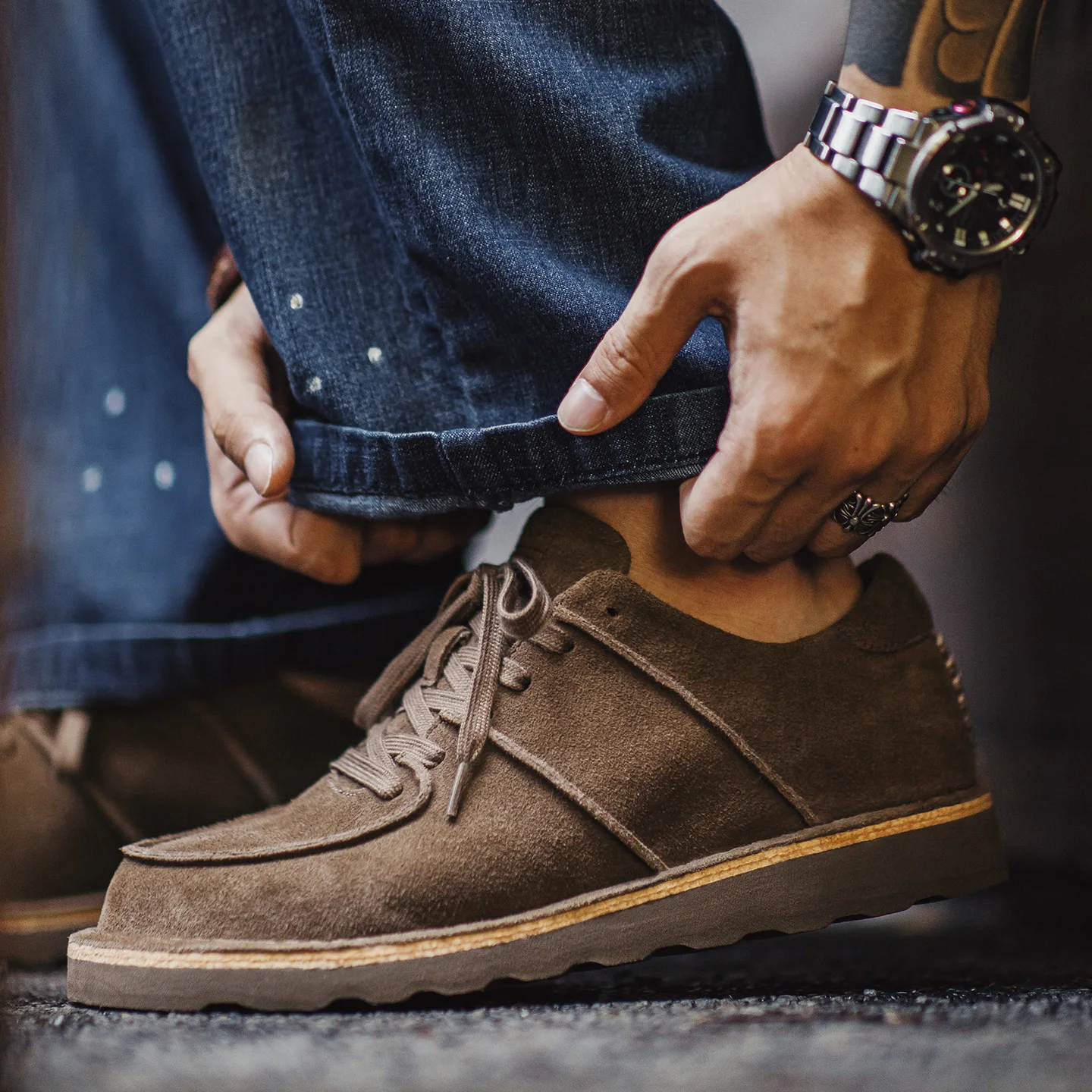 

Maden Vintage Khaki Mules Slip-on Suede Cowhide Shoes Thick Soles Casual Low Top Boots for Men's Autumn and Winter Dress Shoes