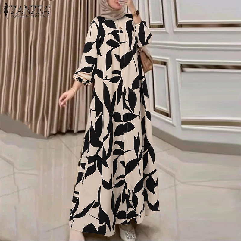 

ZANZEA Modest Hijabs Women Long Dresses Casual Leaves Printing Lantern Sleeve Loose Maxi Dress Abaya Robes Muslim Clothes S-3XL