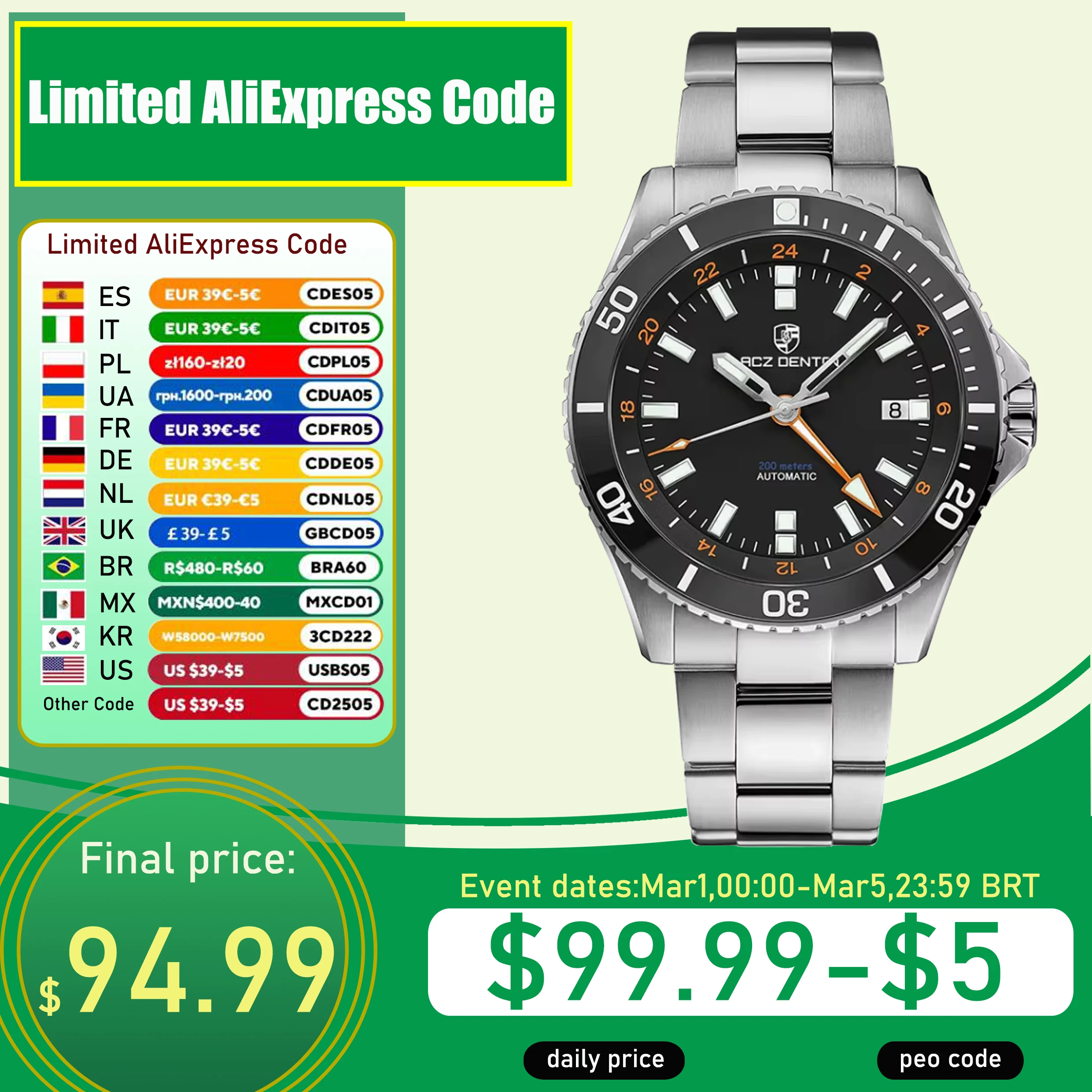 Lacz denton 40mm gmt אוטומטי mens לצפות wristwatch מכני עמיד למים 316l נירוסטה ספיר קריסטל שעונים עבור אדם