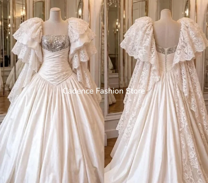Vintage 80s Wedding Gown Ivory Sequins Bustier Bodice Lace Sleeves Pleated Full Skirt Retro Bridal Evening Dress Customized