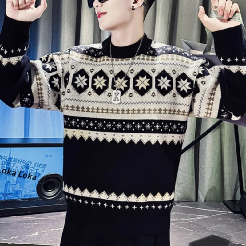 

Autumn Winter Men's Contrasting Jacquard Sweater Long Sleeve Round-necked Casual Knitted Sweater Trendy Street Wear Pullover