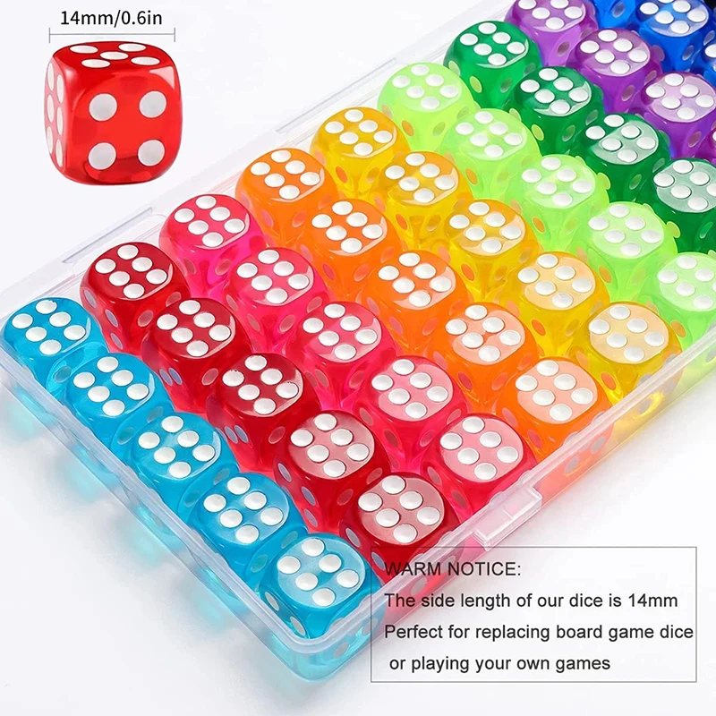 100pcs/Set 6 Sided Dice 14mm D6 Clear Color Crystal Acrylic Round Edge Boxed Dice For Tabletop Gaming Party DND Ten Per Color view 6