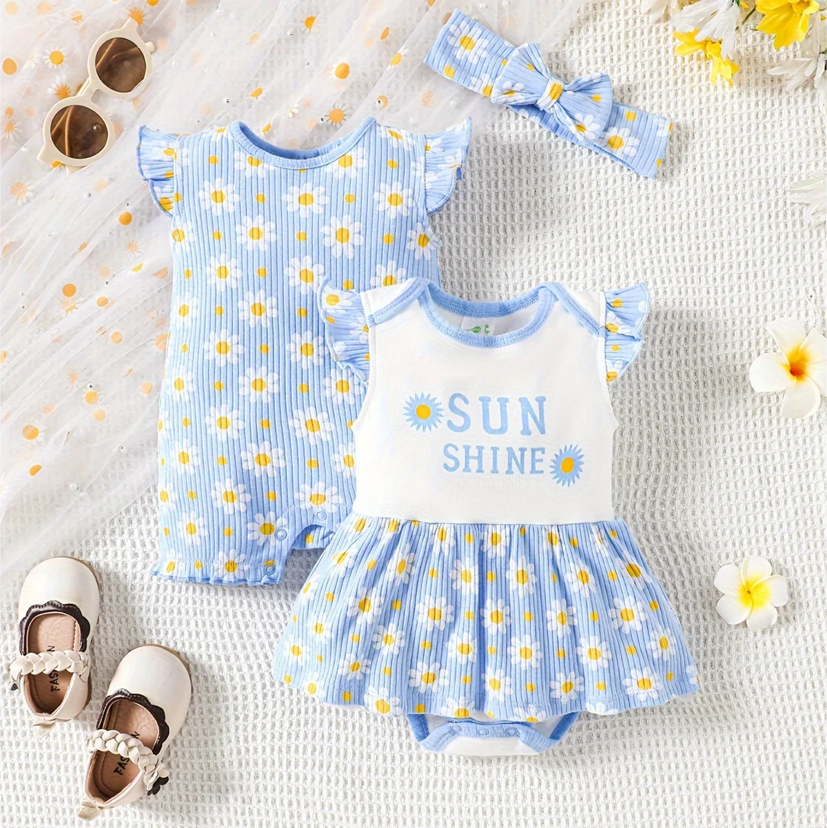 Baby-Kleidung für Mädchen, 3-teilig, Baby-Einteiler + Schmetterlings-Bogen-Haarspange, Frühlings-Baumwollstoff, kurzärmeliger Overall für 0–12 Monate