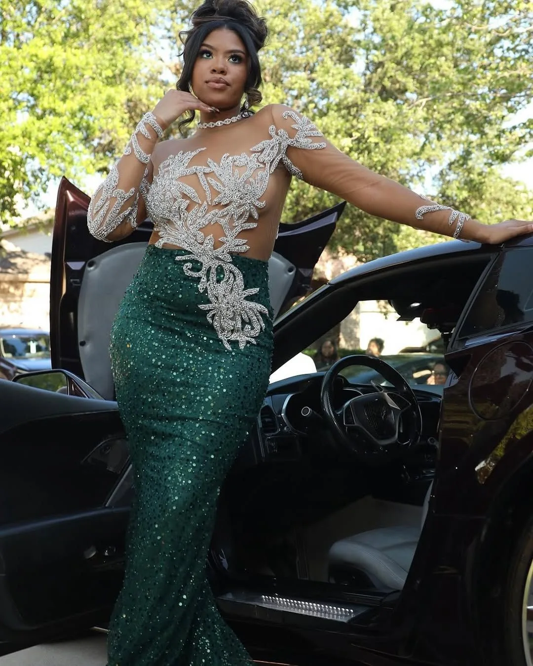 カスタマイズされた 2025 グリーンマーメイドウエディングドレスレースビーズスパンコールフルスリーブイブニングフォーマルパーティー誕生日ドレスドレス ZJ146