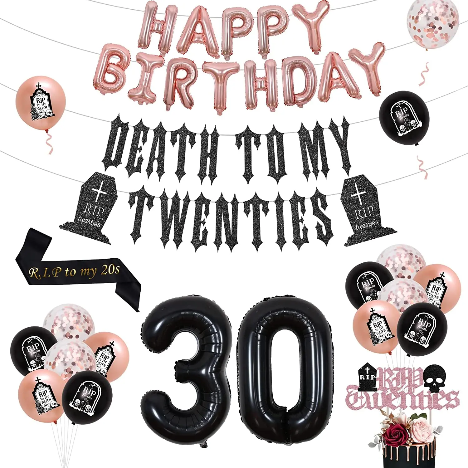 

JOYMEMO 30th Birthday Decorations for Women Death To My Twenties Banner Rip To My 20s Sash Number 30 Balloon Party Supplies