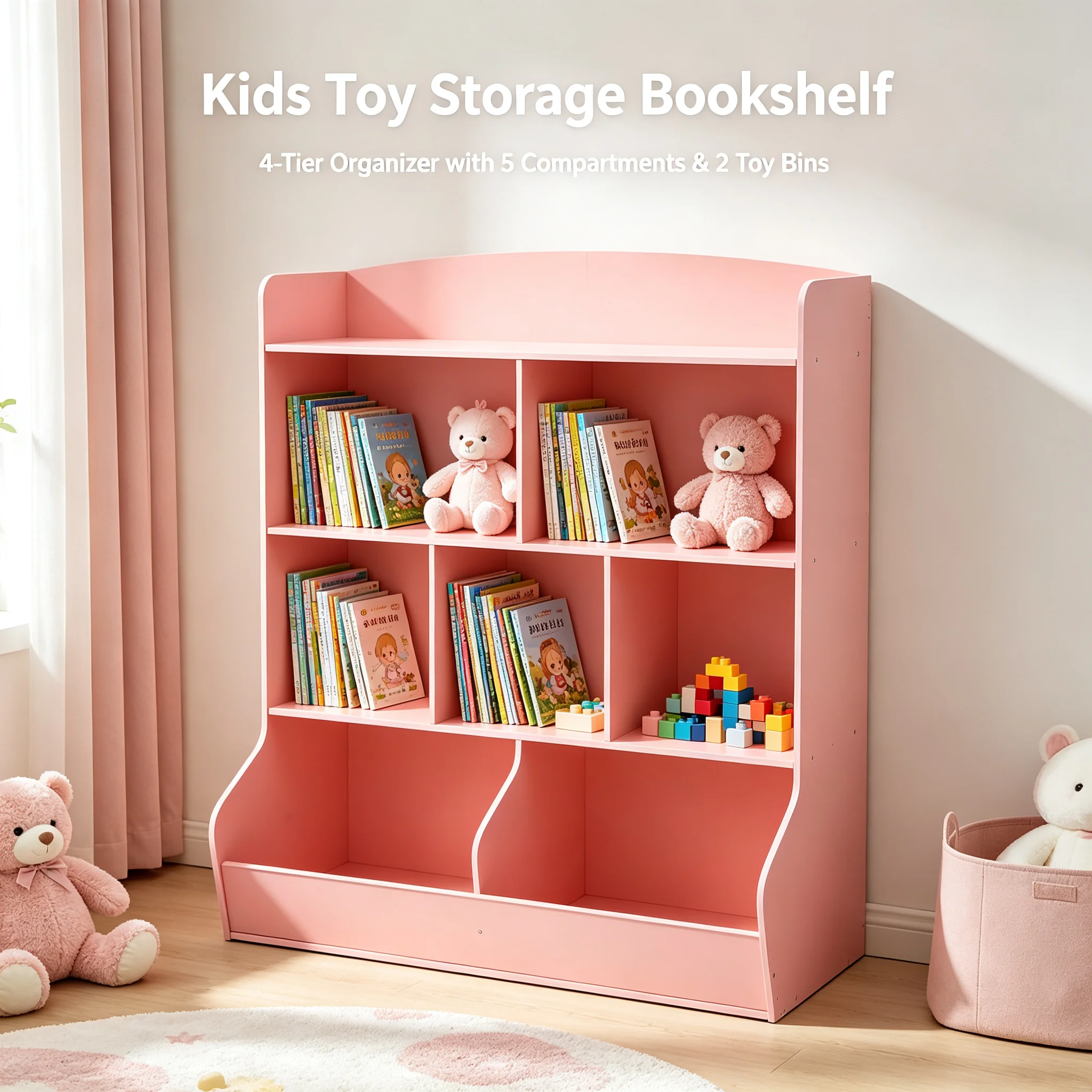Kids Toy Storage Organizer 4-Tier Bookshelf with 5 Compartments & 2 Toy Bins, PVC Light Pink Storage Rack Holds 176.37lbs for Boys Girls Playroom Bedroom Nursery