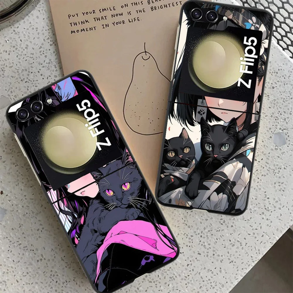 Anime Girls Cute Black Cat Case For Samsung Galaxy Z Flip 4 5 3 z Flip5 Flip4 5G Hard Phone Cover Flip3 Split Folding Black Plas