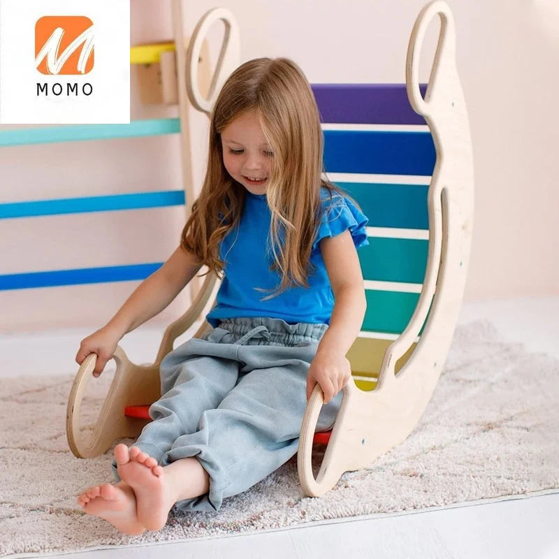 Children Wooden Balance Rocking Board Climbing Interactive Arch Rocking Chair Montessori Educational Toy Rainbow Ladder