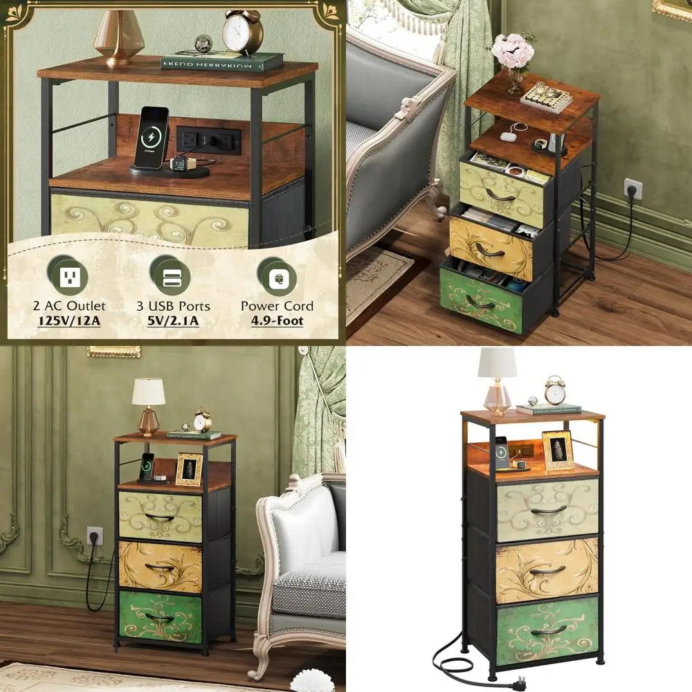 

Высокая прикроватная тумба 31.9 дюйма со светодиодной подсветкой, 3 тканевыми ящиками, USB-портами и розетками, с цветочным рисунком, для спален, общежитий, прихожих