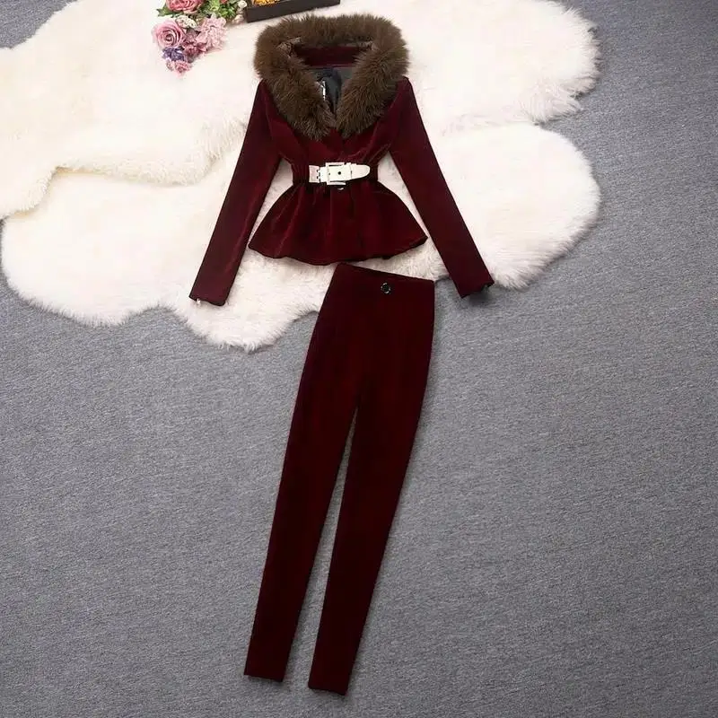 

Winter Thicken Warm Velvet Suit Fur Collar Jacket Coat And Pant Two Pieces Set Outwear Trousers Street Snow Clothing With Belt
