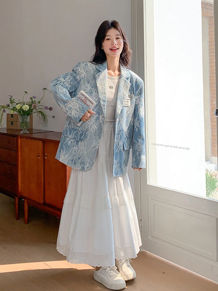 Blue embroidered jacquard denim suit jacket women Spring Autumn 2025 new style unique beautiful high-end and casual suit
