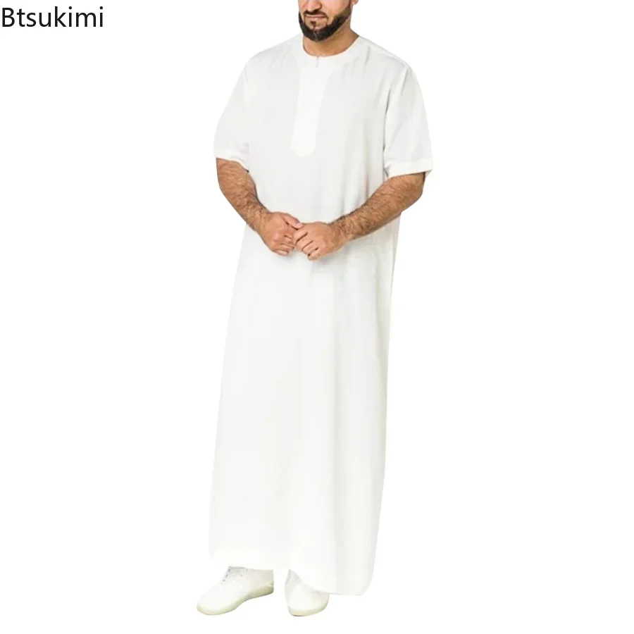 Muslim Fashion Mens Solid Robes Saudi Style Zipper Jubba Thobe Man Abayas Short Sleeve O Neck Muslim Arabic Islamic Clothing 5XL