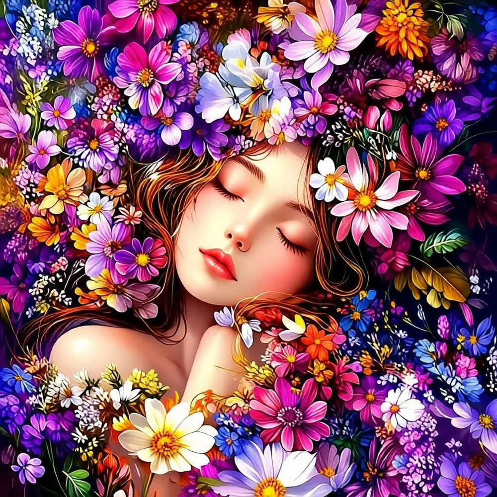 Young Woman Sleeps with Her Eyes Closed in a Dazzling Sea of Flowers Diamond Painting Mosaic Handmade Art Home Decor DIY