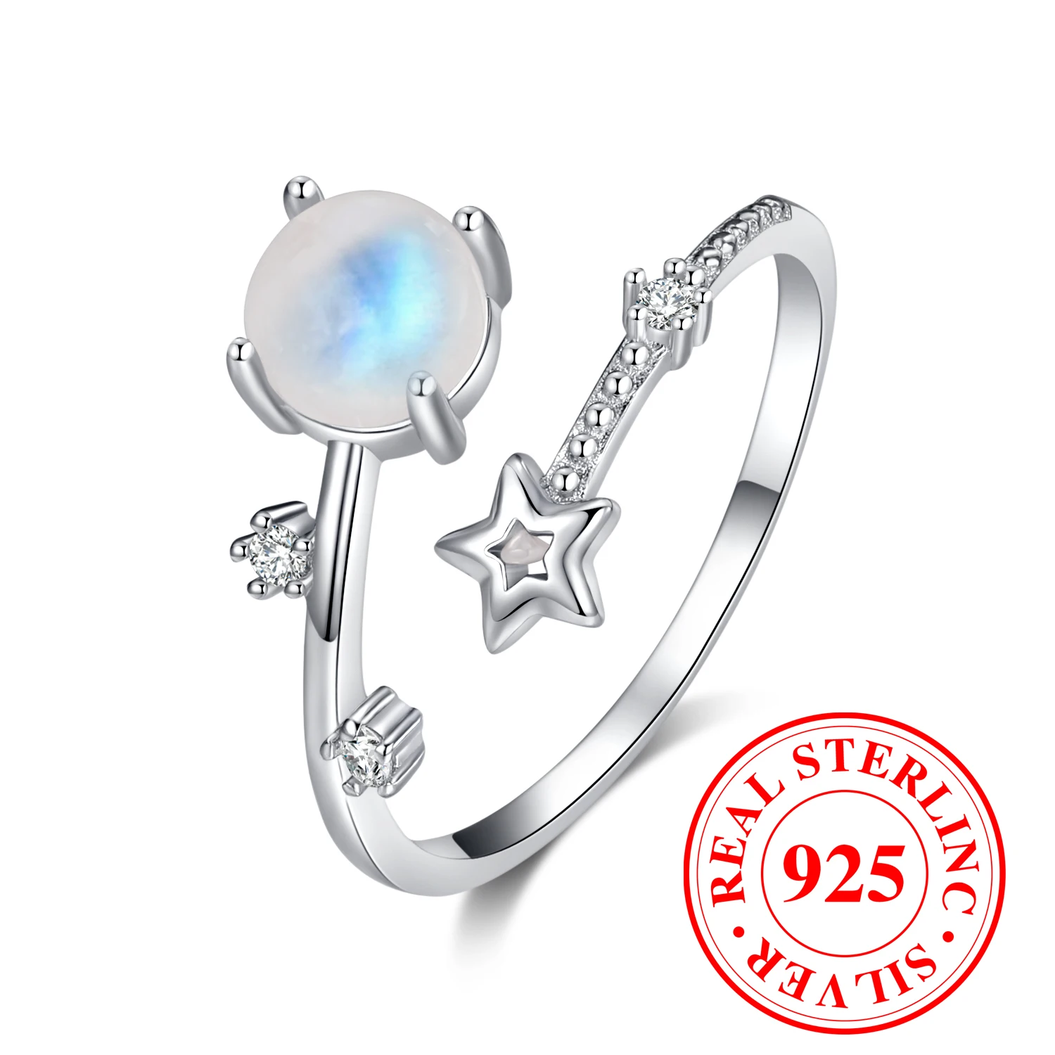 Cute Female Natural Moon Stone Round Star Adjustable Ring Vintage Real 925 Sterling Silver Wedding Open Jewelry For Women