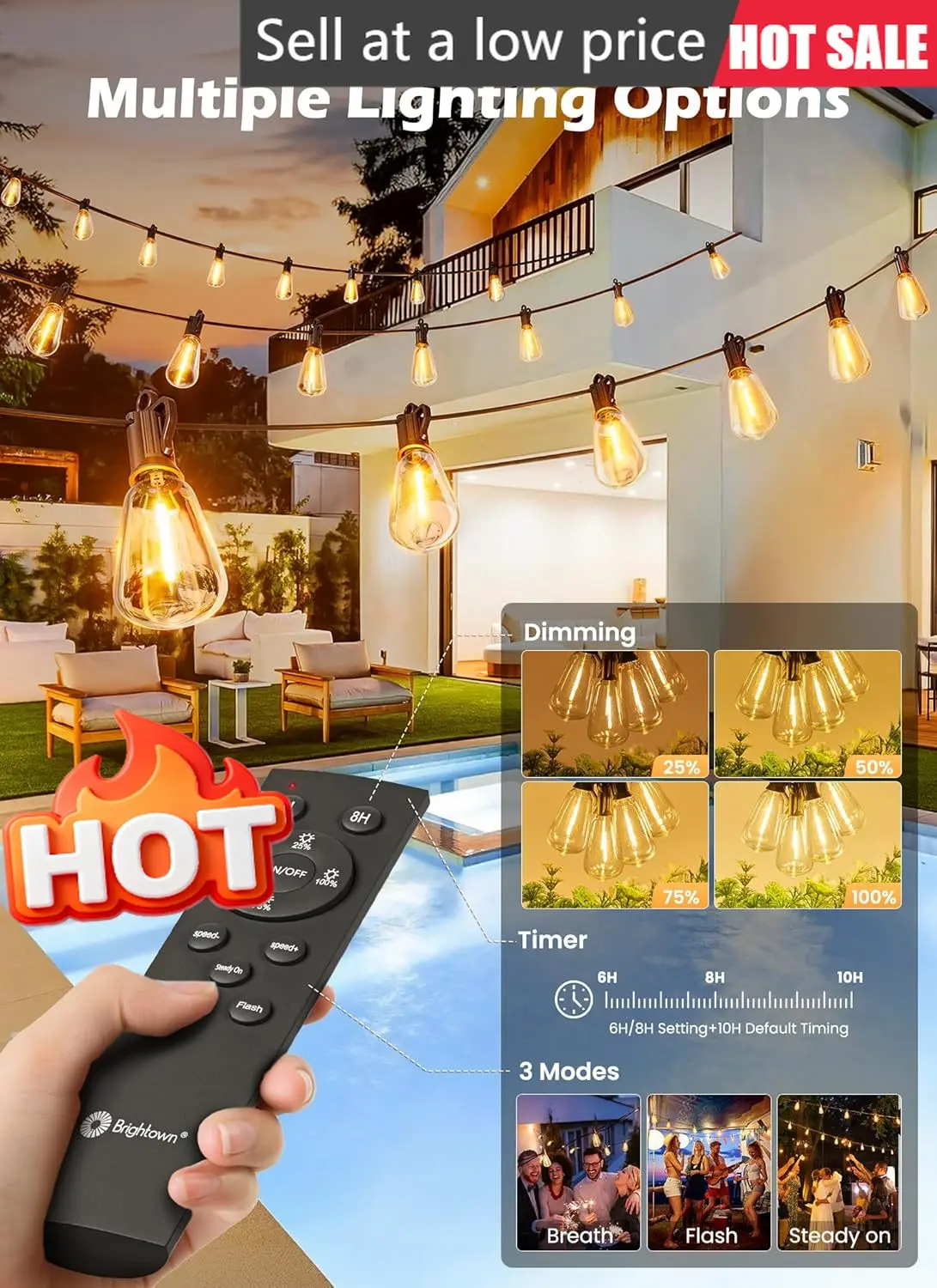 

Солнечные гирлянды для улицы, водонепроницаемые, 75 футов, 35 небьющихся светодиодных лампочек ST38, 2700K, с пультом ДУ, для кемпинга на открытом воздухе