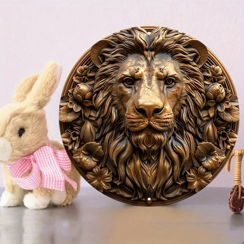 Round Waterproof Aluminum Metal Sign, Weather-Resistant Outdoor Wall Decor, Textured Lion Sculpture, Home Decoration, High-Qua