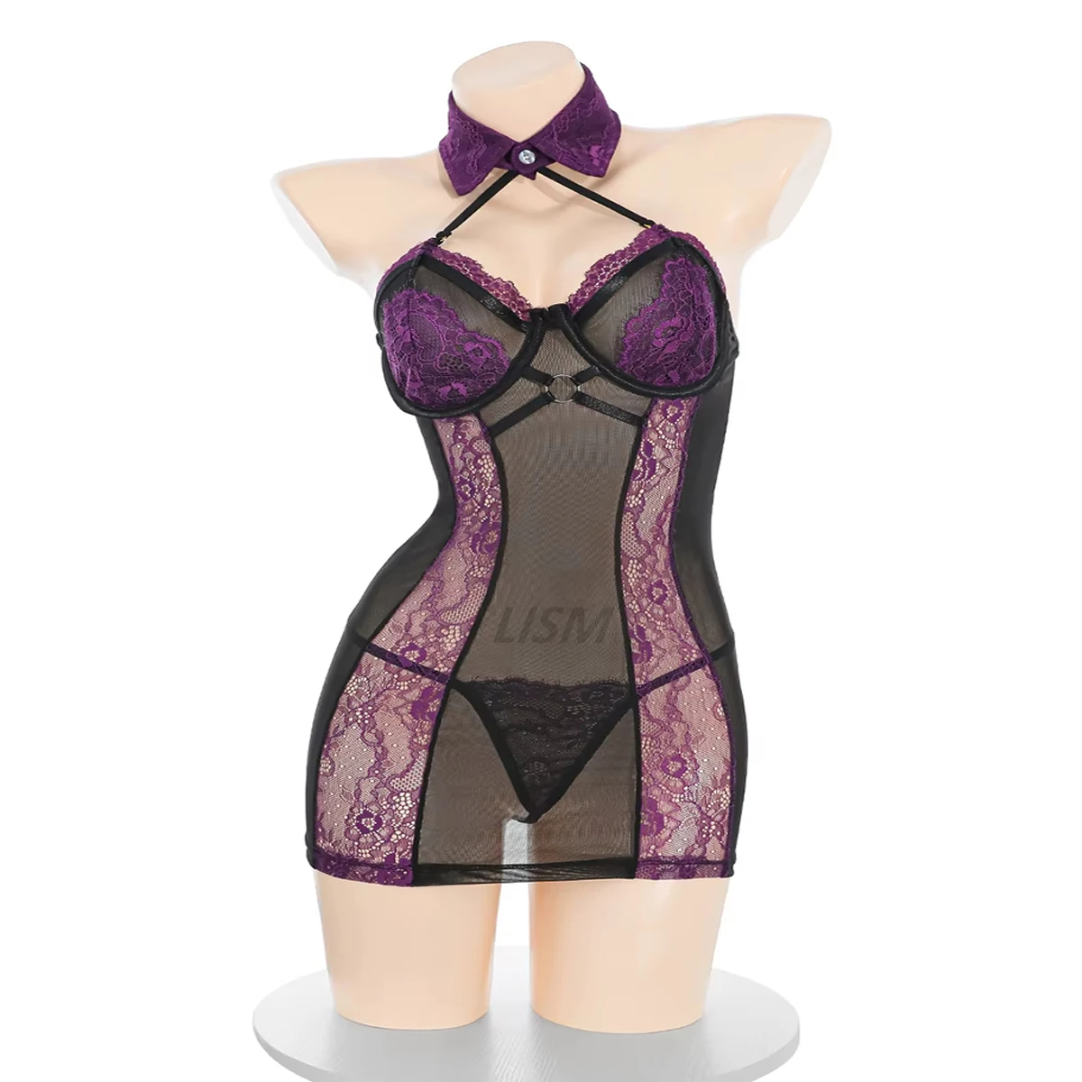 

Women Black & Purple Lace Sheer Lingerie Dress Set Halter Neck Choker Intimate Mesh Bodysuit Sexy See-Through Costume