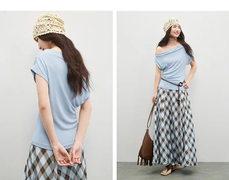 SENTUBILA Damen-Strick-T-Shirt mit Wendekragen, Frühling 2026, Weiß, minimalistisch, für den Alltag, plissiert, schmal geschnitten, Kurzarm-Oberteil 161TA4924 – Detail 24
