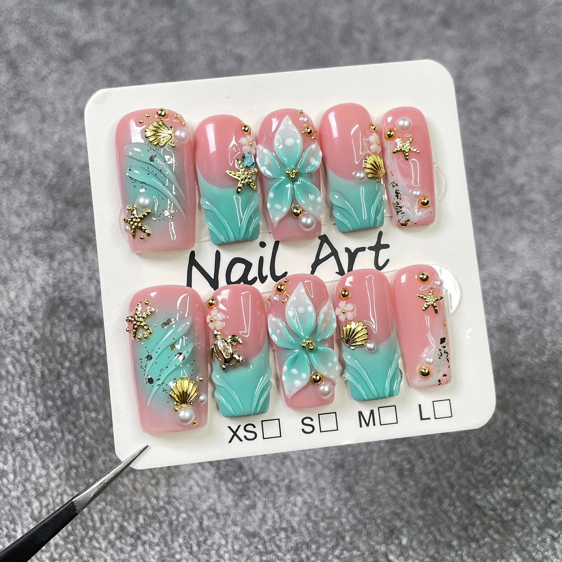 10 قطعة نعش متوسط الطول أطراف أظافر مصنوعة يدويًا مجموعة فرنسية متدرجة على شكل نجمة البحر زينة أظافر أكريليك يمكن ارتداؤها للفتيات التوابل