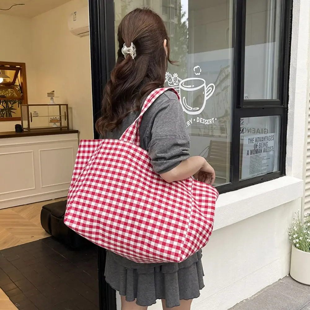 Portable Korean Style Red Plaid Shoulder Bag Check Black Lattice Tote Bag Lazy Style Grid Canvas Bag Outdoor