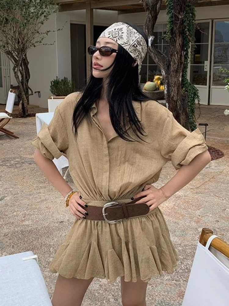 Abiti camicia vintage estivi Nuovo falso in due pezzi Harajuku Y2k Camicia a maniche corte Abito a pieghe Corea Chic Patchwork Abiti da donna