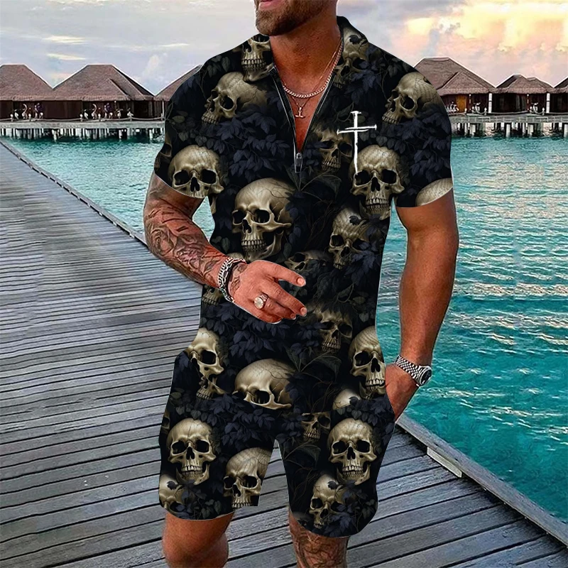 

Fun 3Dskull print mens two-piece fashionable collar shirt+shorts set casual short sleeved zipper shirt summer hip-hop streetwear