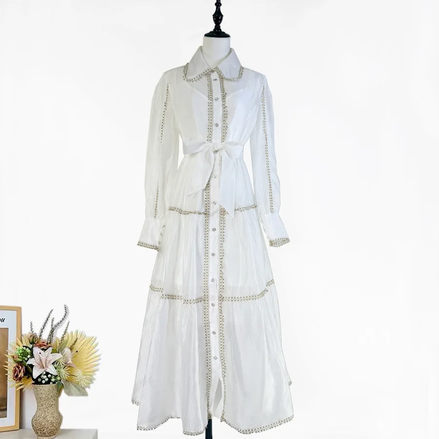 

Summer women's dress lapel long sleeve splicing lace edge belt