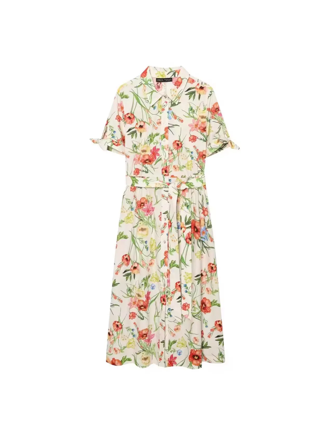 

Withered New Women's Casual Mid Length Folded Collar Short Sleeved Waist Cinched Shirt Style Dress