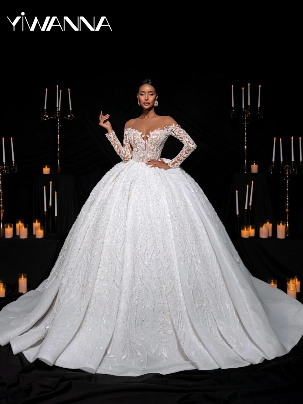 

Shimmering Pearls Appliques Princess Wedding Dress Modest Oneck Long Sleeve Bridal Gown Customized Exquisite Dresses For Bride