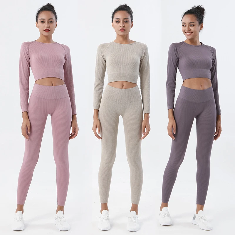 

Seamless Gym Sports Set Women Yoga Workout Outfit 2 Piece Fitness Suit High Waist Leggings Long Sleeve Top Running Tracksuit