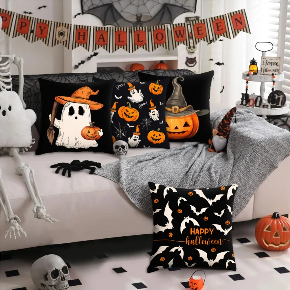 1Pc Halloween Theme Ghost Pumpkin Head Pattern Throw Pillow, Double-Sided Design, Soft Plush Cushion with Insert, Perfect Gift