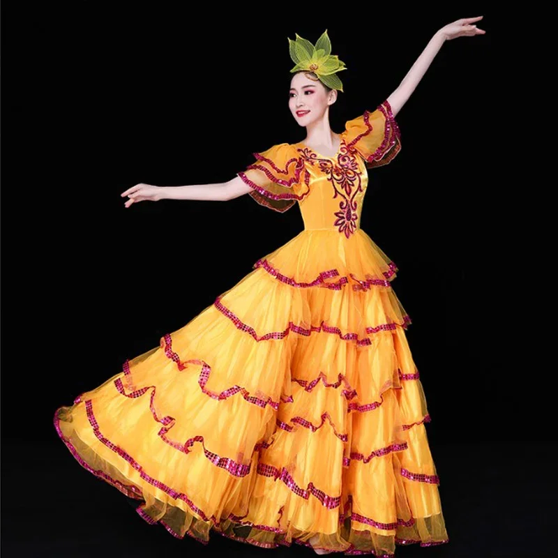 Elegante moderno vestido de competição de dança feminino, saia longa performance, swing flamenco feminino, amarelo, novo, VO1055