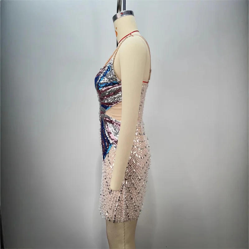 Borboleta lantejoulas bordado sexy baixo corte oco para fora cinta vestido socialite festa férias vestido