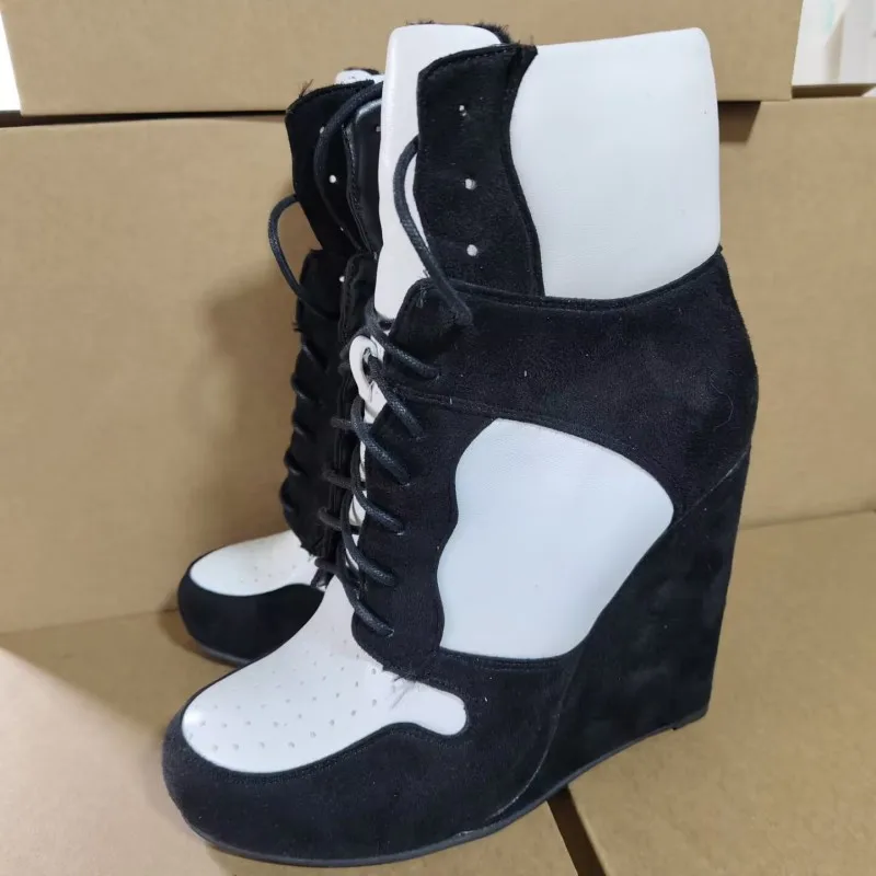 

DIZHUANG Sexy women's high-heeled boots. Multi colored lace up boots. About 11cm heel height. Wedges ankle boots. Size:34-46