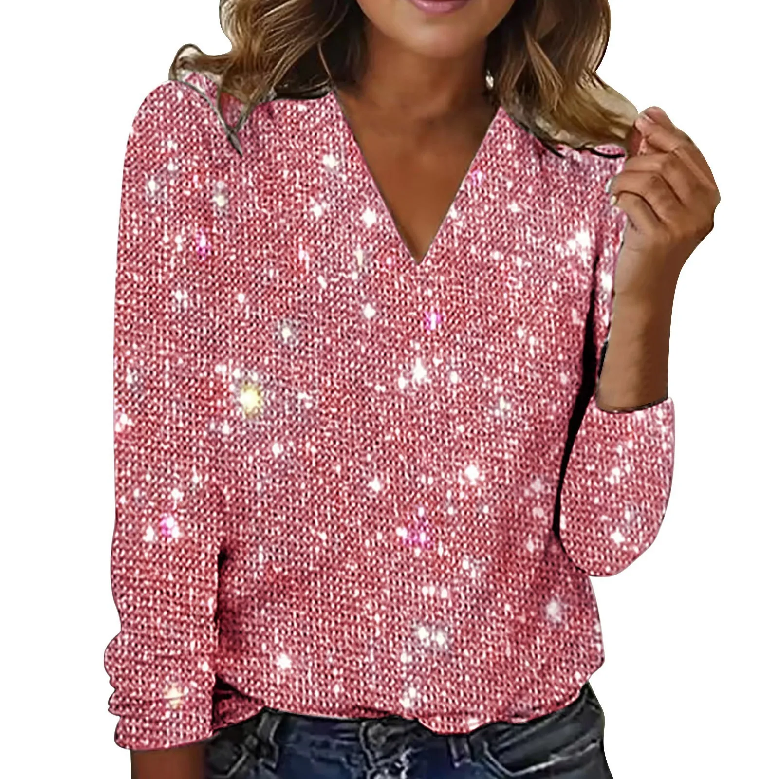 Elegant Women Blouse Sequin V Neck Long Sleeve Blouse Soft Pullover for Women Breathable Fashion Commute Club Party Shirt Top