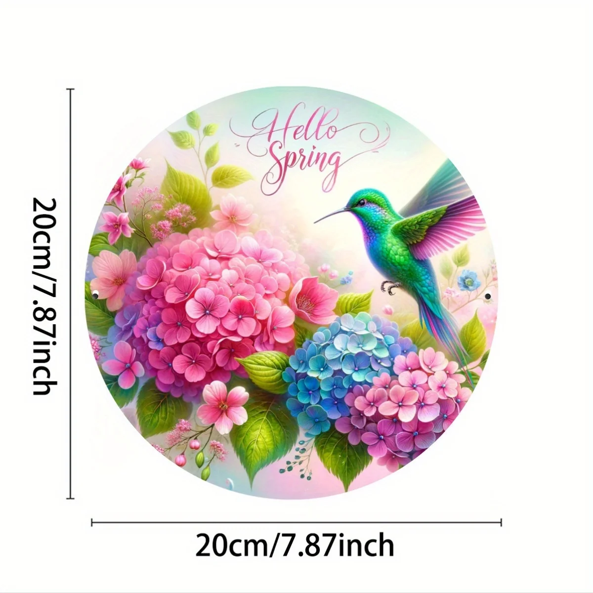 Vibrant Hydrangeas and Hummingbird Artwork, 1 Piece Metal Sign Wall Decor, Round Iron Wall Art for Bar, Cafe, Club, Kitchen, Flo
