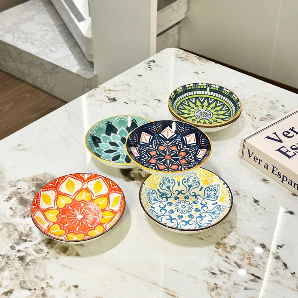 6 Piece 5 in Bohemian Style Ceramic Plates Set Vintage Heat-resistant Dinning Table Waste Plate Smooth Surface Colorful